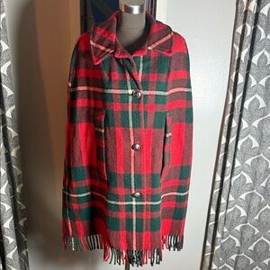 Mac Auslan Scotland Vintage Red & Green Wool Cape with Fringe